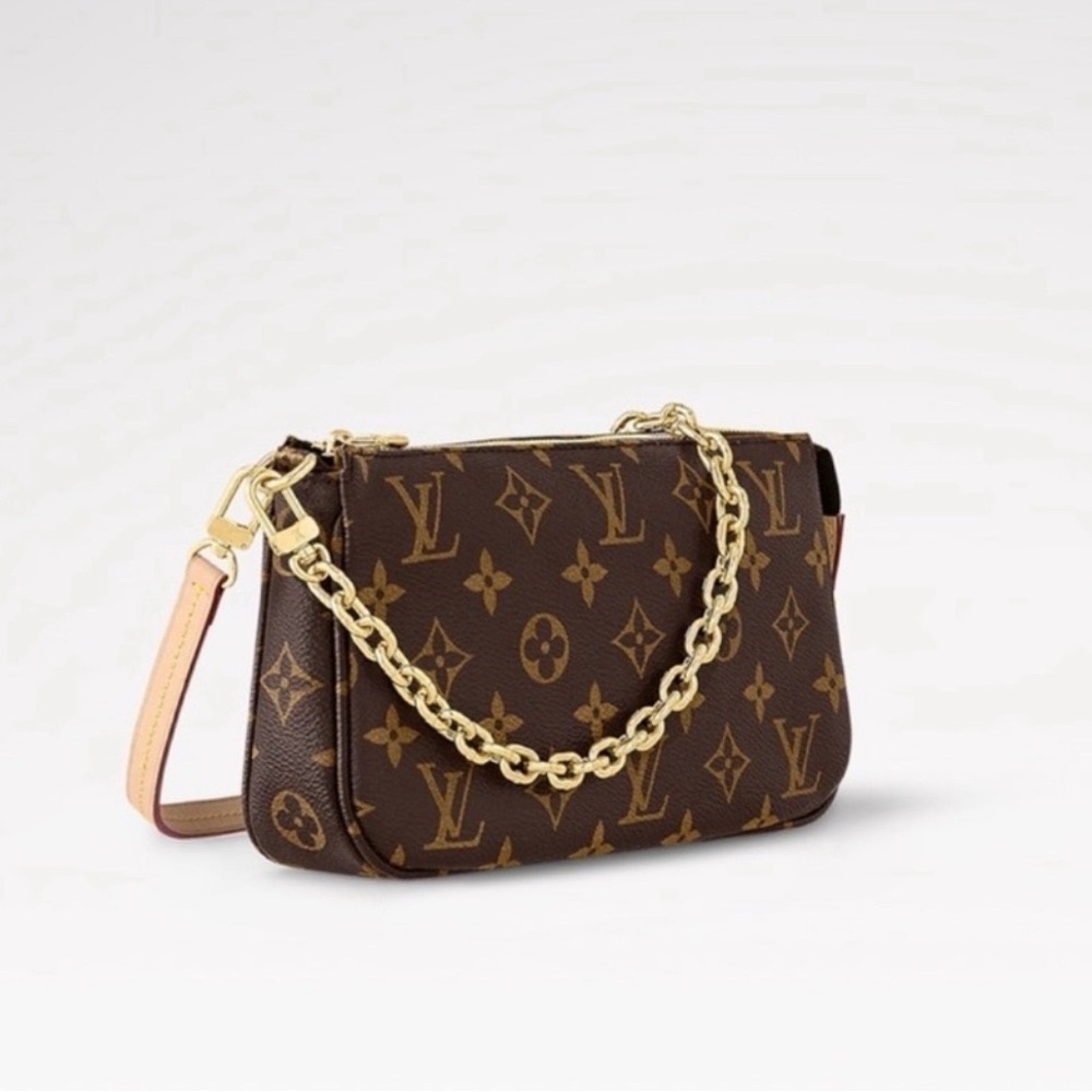 Louis Vuitton Brown Monogram Clutch with Gold Chain pochette acessories